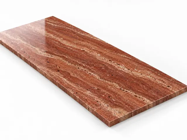 Travertino rojo — Veta — Pulido brillado — 1 cm — 120x60 — Placa