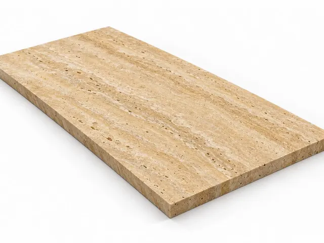Travertino amarillo — Veta — Sanblasteado — 2 cm — 120x60 — Placa